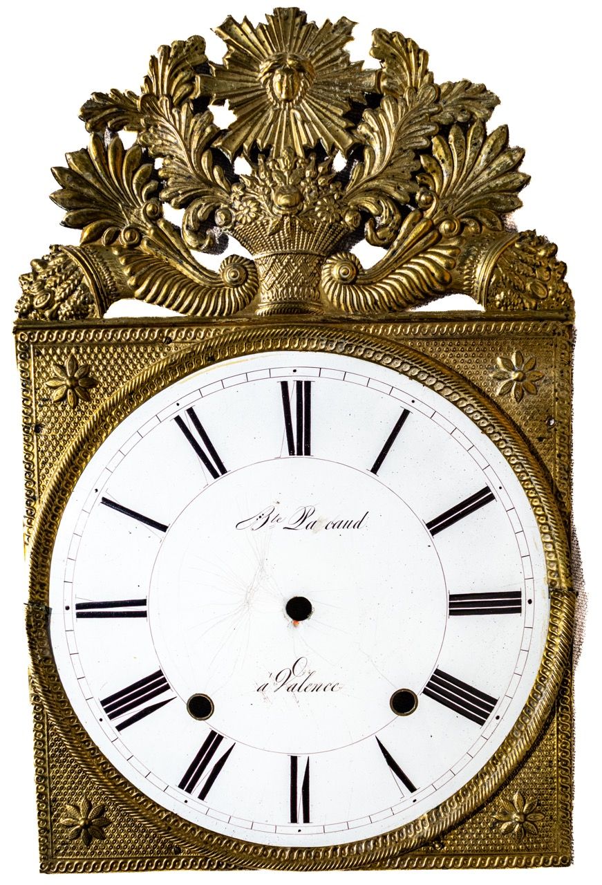Antique French Comtoise Clock Face &amp; Brass Crest, Signed "Bte Pascaud a Valence"