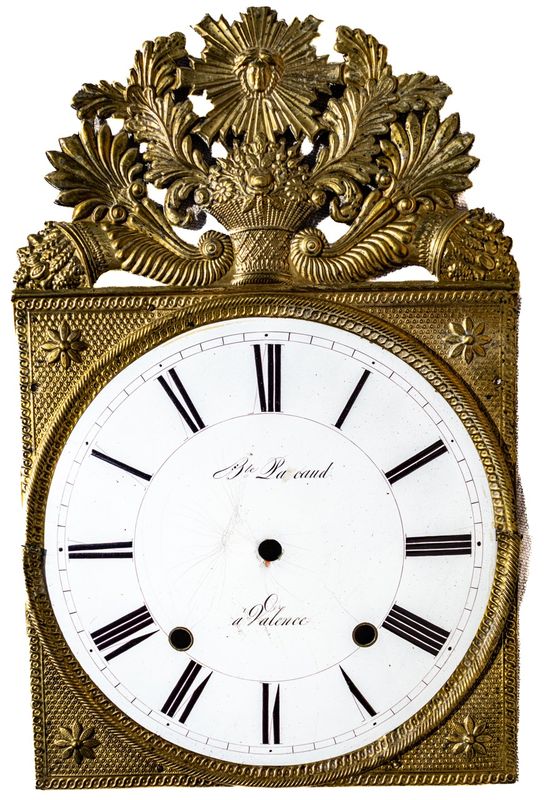Antique French Comtoise Clock Face &amp; Brass Crest, Signed "Bte Pascaud a Valence"