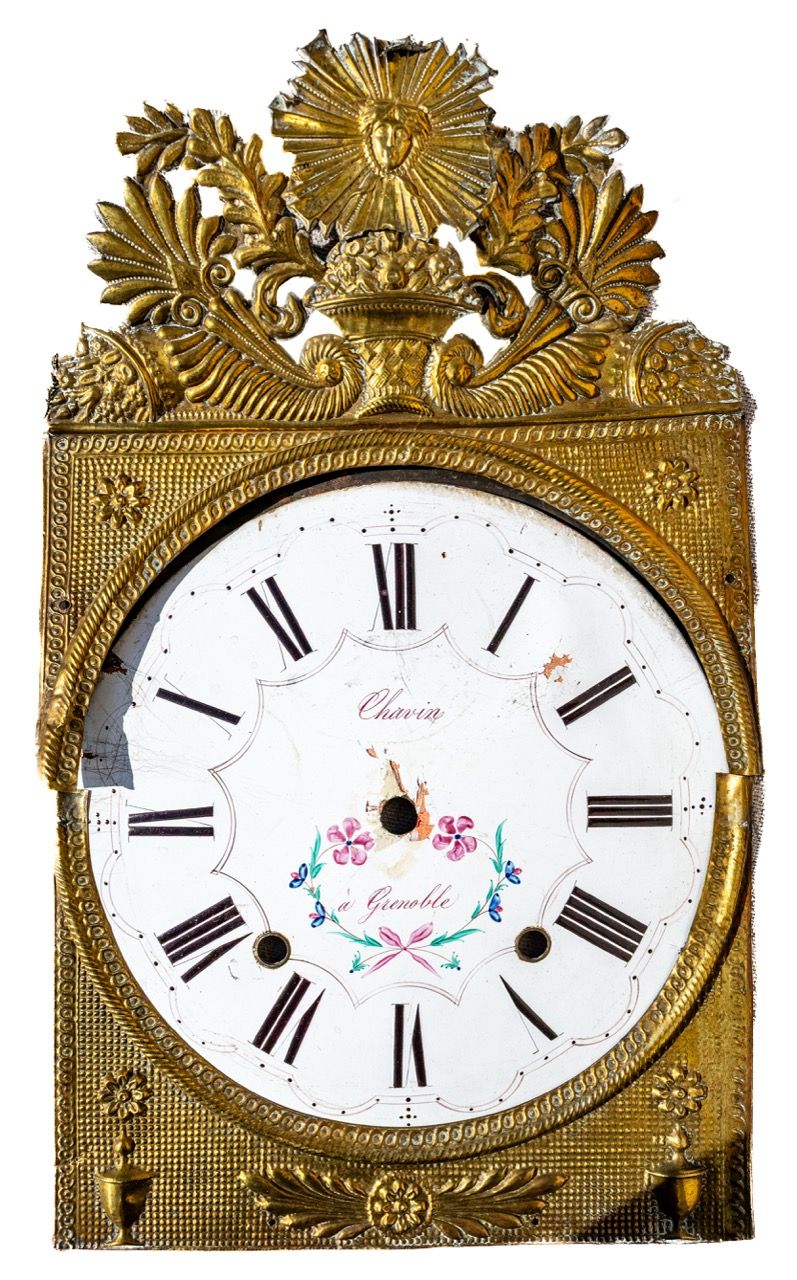 Antique French Comtoise Clock Face &amp; Brass Crest, Signed "Chavin a Grenoble"