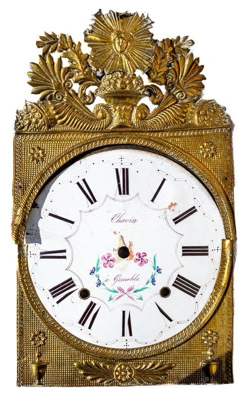 Antique French Comtoise Clock Face &amp; Brass Crest, Signed "Chavin a Grenoble"