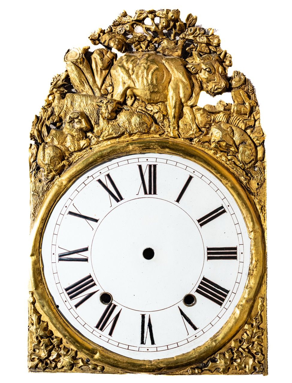 Antique French Comtoise Clock Face with Figural Pastoral Brass Crest