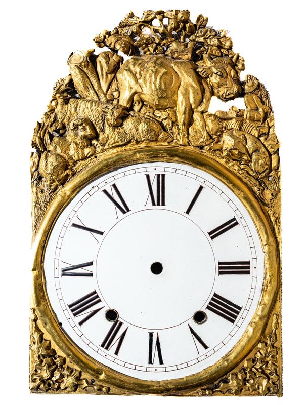 Antique French Comtoise Clock Face with Figural Pastoral Brass Crest