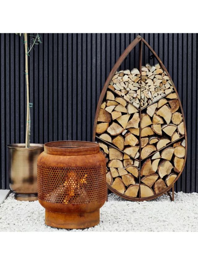 Leaf on Stand Sculptural Log Storage Natural Rust - H123.5cm W70cm