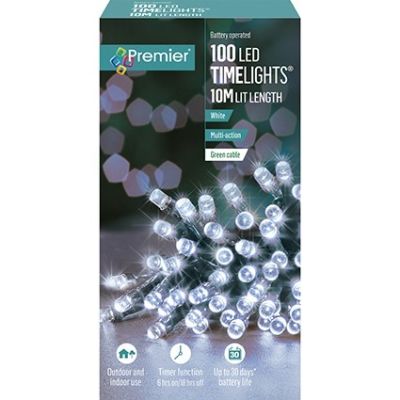 100 LED Battery Operated Time Lights - White - 10m