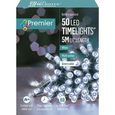 50 LED Battery Operated Time Lights - White - 5m