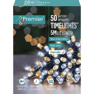 50 LED Battery Operated Time Lights - White &amp; Warm White - 5m