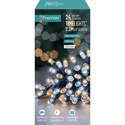 24 LED Battery Operated Time Lights - White &amp; Warm White - 2.3m