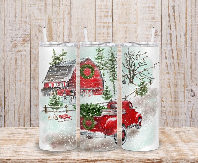 Christmas scene watercolor truck