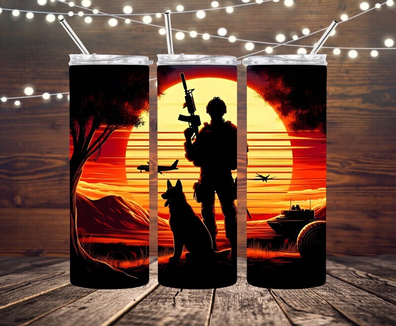 Dog , soldier, sunset