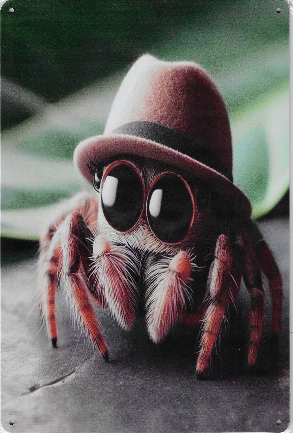 20 x 30cm Metallschild Springspinne mit Hut Kunst Hobby Wand Türschild gelocht