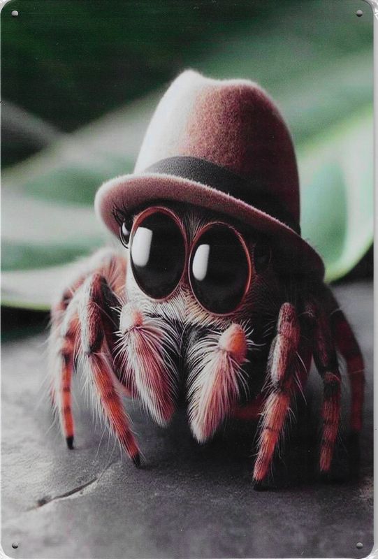 20 x 30cm Metallschild Springspinne mit Hut Kunst Hobby Wand Türschild gelocht