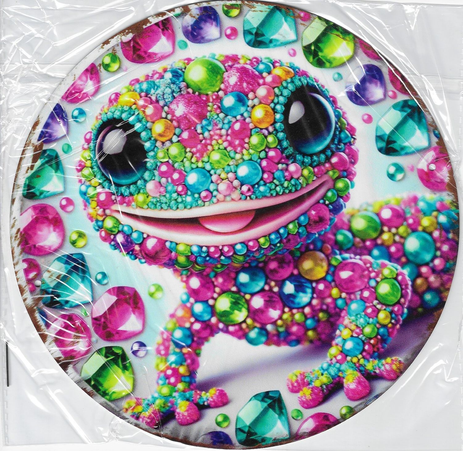 20cm ⌀ Metallschild Gecko bunt mit Edelsteinen Wand oder Türschild