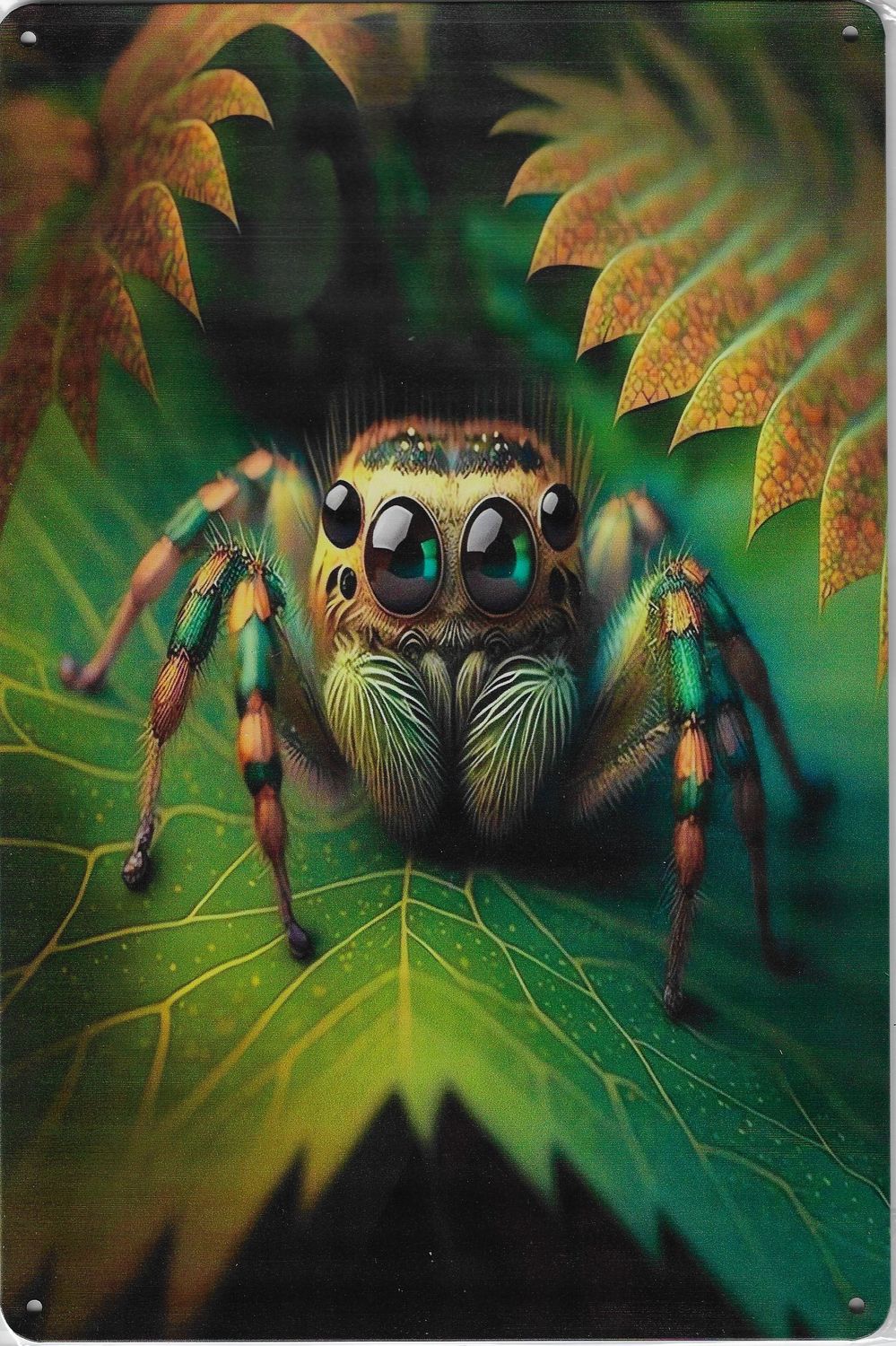 20 x 30cm Metallschild grün Springspinne Kunst Hobby Wand Türschild gelocht