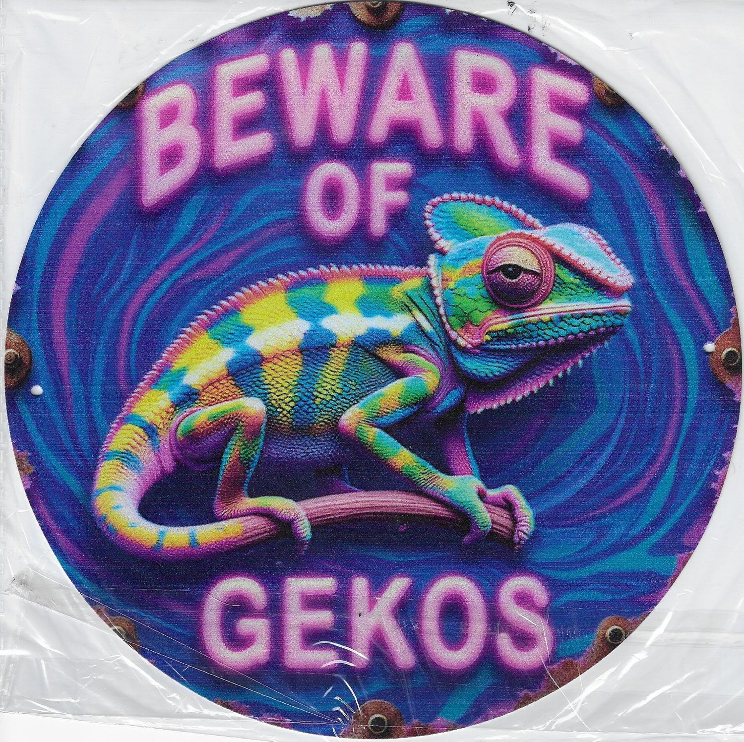 20cm ⌀ Metallschild beware of Geckos Wand oder Türschild