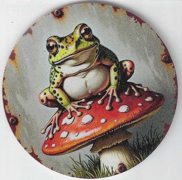 8cm ⌀ Acryl-Magnetplakette Frosch auf Pilz Küchenmagnet