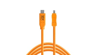 Tether Tools TetherPro USB Type-C Male to 8-Pin Mini-USB 2.0 Type-B Male Cable (15&#39;, Orange) (4.6m)