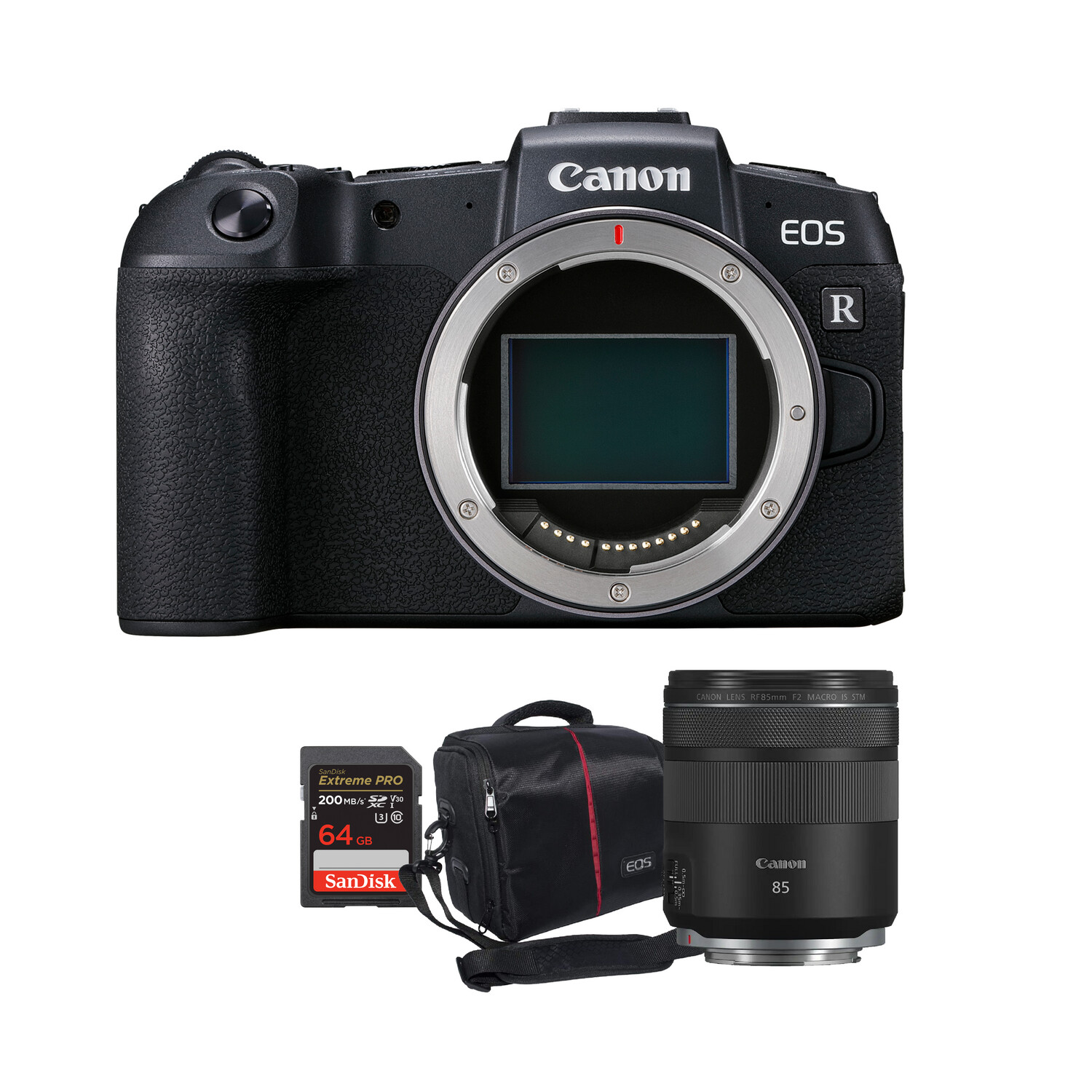 Canon EOS RP Mirrorless Camera Body with RF 85mm f/2 Macro IS STM Lens + Sandisk 64GB Extreme Pro SD Card + Camera bag
