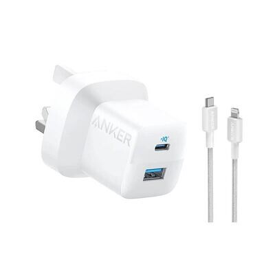Anker 323 33w Dual Port 20w USB-C 12W USB-A Charger with USB-C to Lightning Cable White