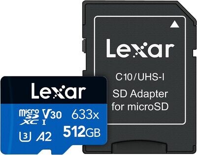 Lexar Blue Series 633x 512GB 100Mbps Micro SDXC UHS-1 Card With Adapter
