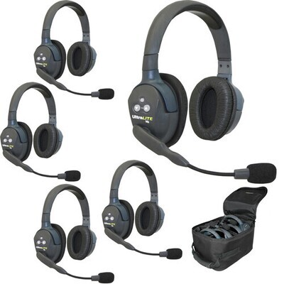 Eartec UL5D 5-Person Full-Duplex Wireless Intercom with 5 UltraLITE Dual-Ear Headsets