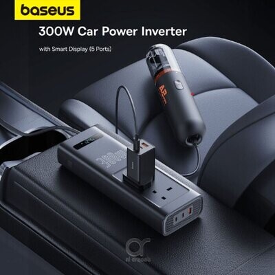 Baseus 300W-220V UK Car Power Inverter With Smart Display 5 Ports (1 USB-A, 2 USB-C, 2 AC Outlets)
