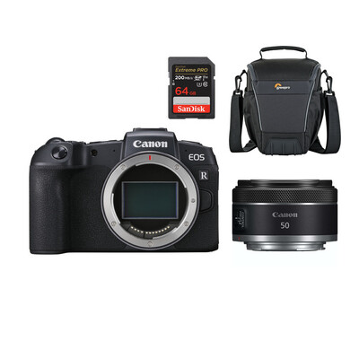 Canon EOS RP Mirrorless Camera Body with RF 50mm f1.8 Lens + Lowepro Camera Bag + Sandisk 64Gb Extreme Pro Memory Card