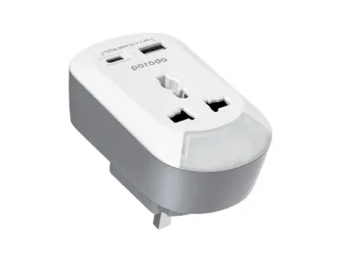 Porodo Universal AC Socket UK Plug Adapter with USB-A &amp; USB-C Ports