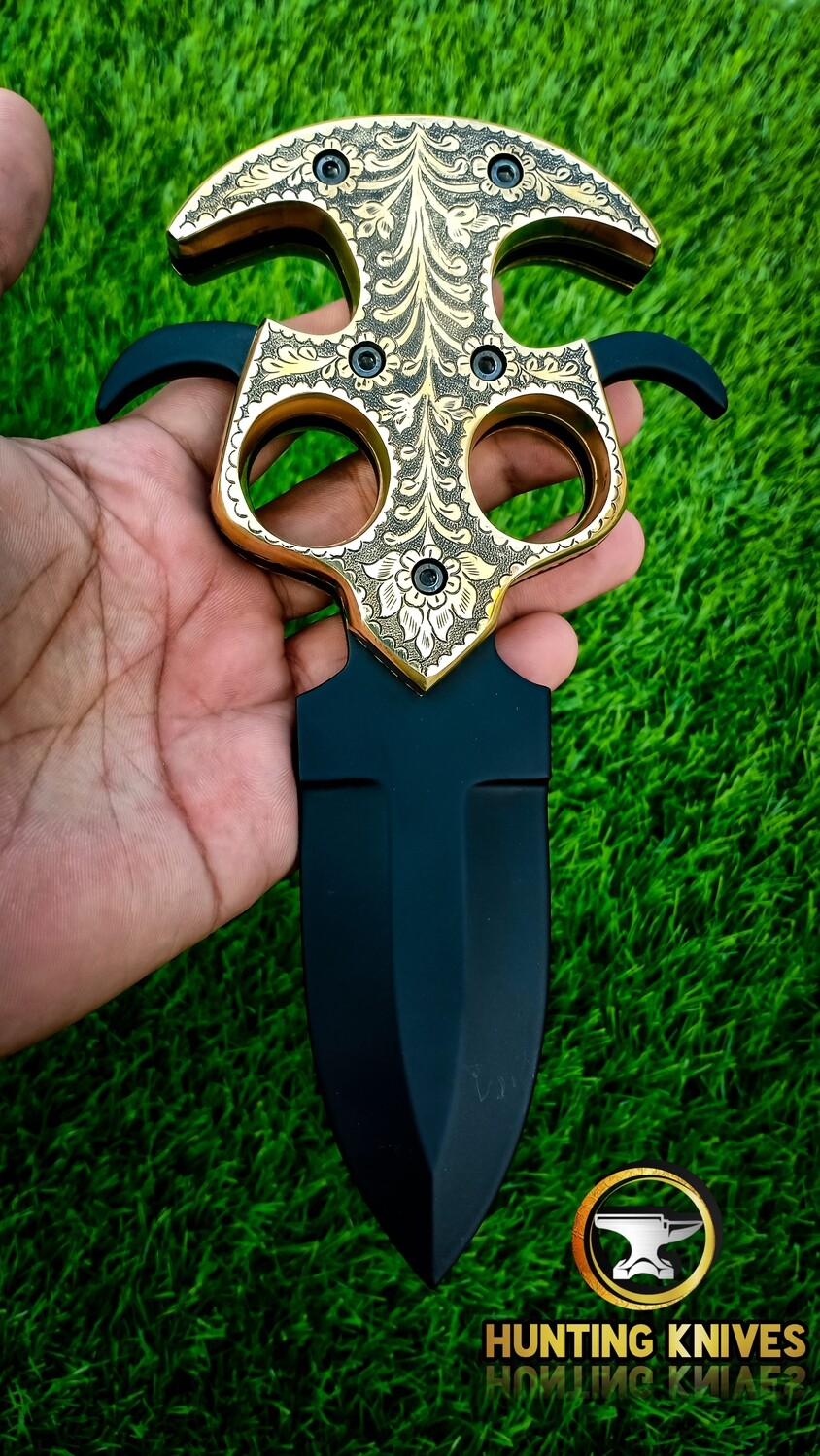 Hand Engraved Push Dagger Knuckle With Brass Scales and Powder Coated Blade Premium Quality Gift For Christmas