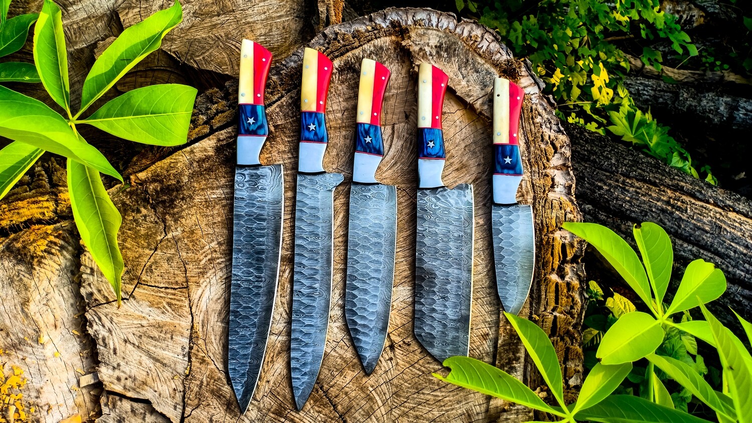 Chef Knives Set Of 5 Pieces Damascus Forged Steel (15n20+1095)