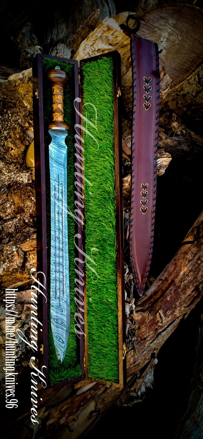 Roman Gladius Sword 32&quot; Custom Handmade Damascus Steel Roman Gladius Sword In Roman Legions With Unique Wooden Box And SPQR Logo On the Top,