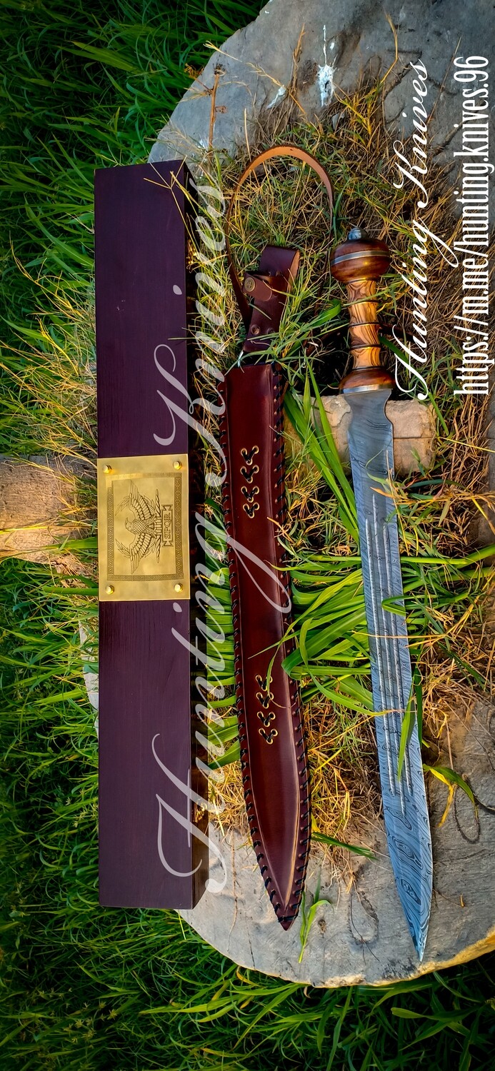 Roman Gladius Sword 32&quot; Custom Handmade Damascus Steel Roman Gladius Sword In Roman Legions With Unique Wooden Box And SPQR Logo On the Top,