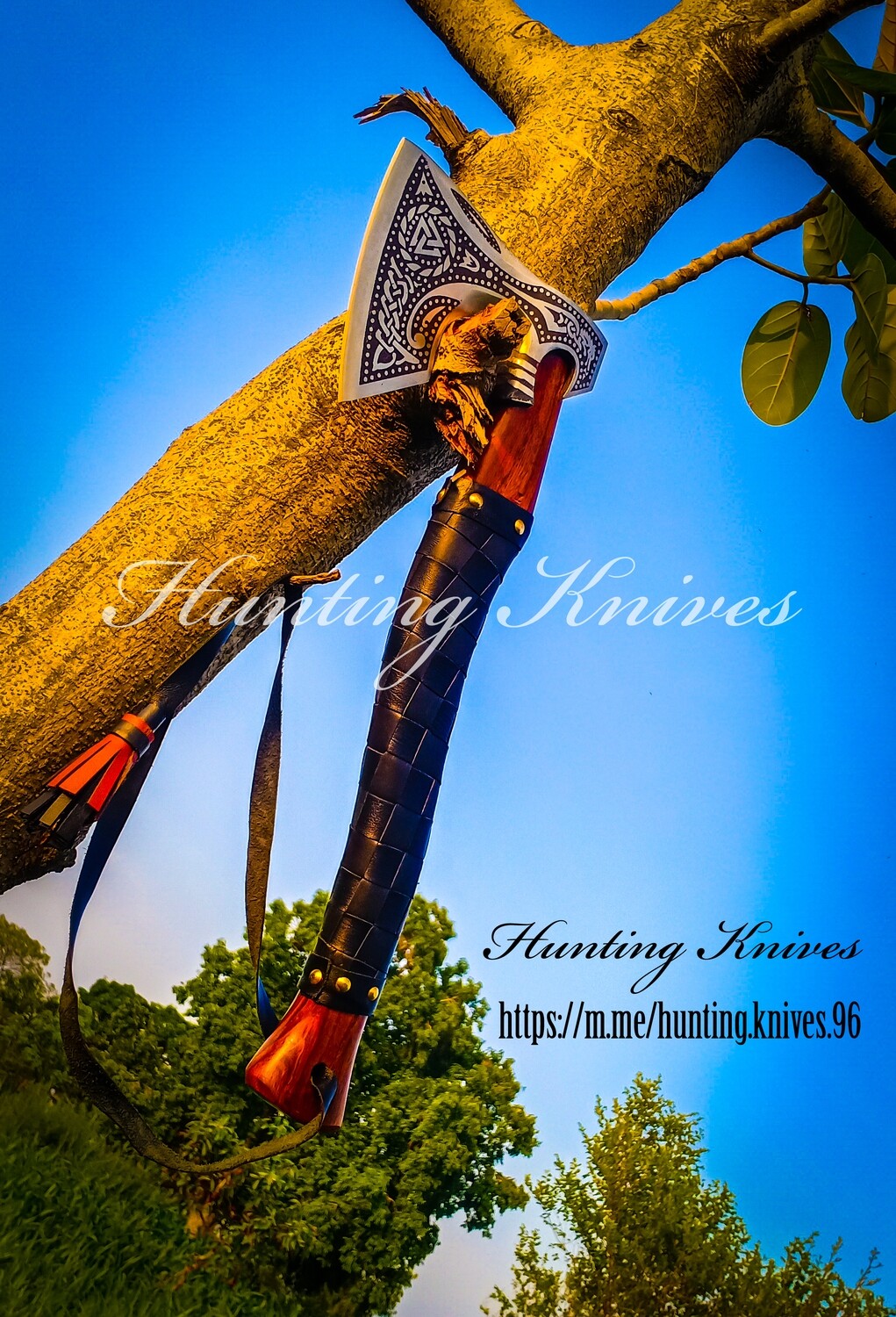Viking Style Axe With Wooden Handle And Leather Strap