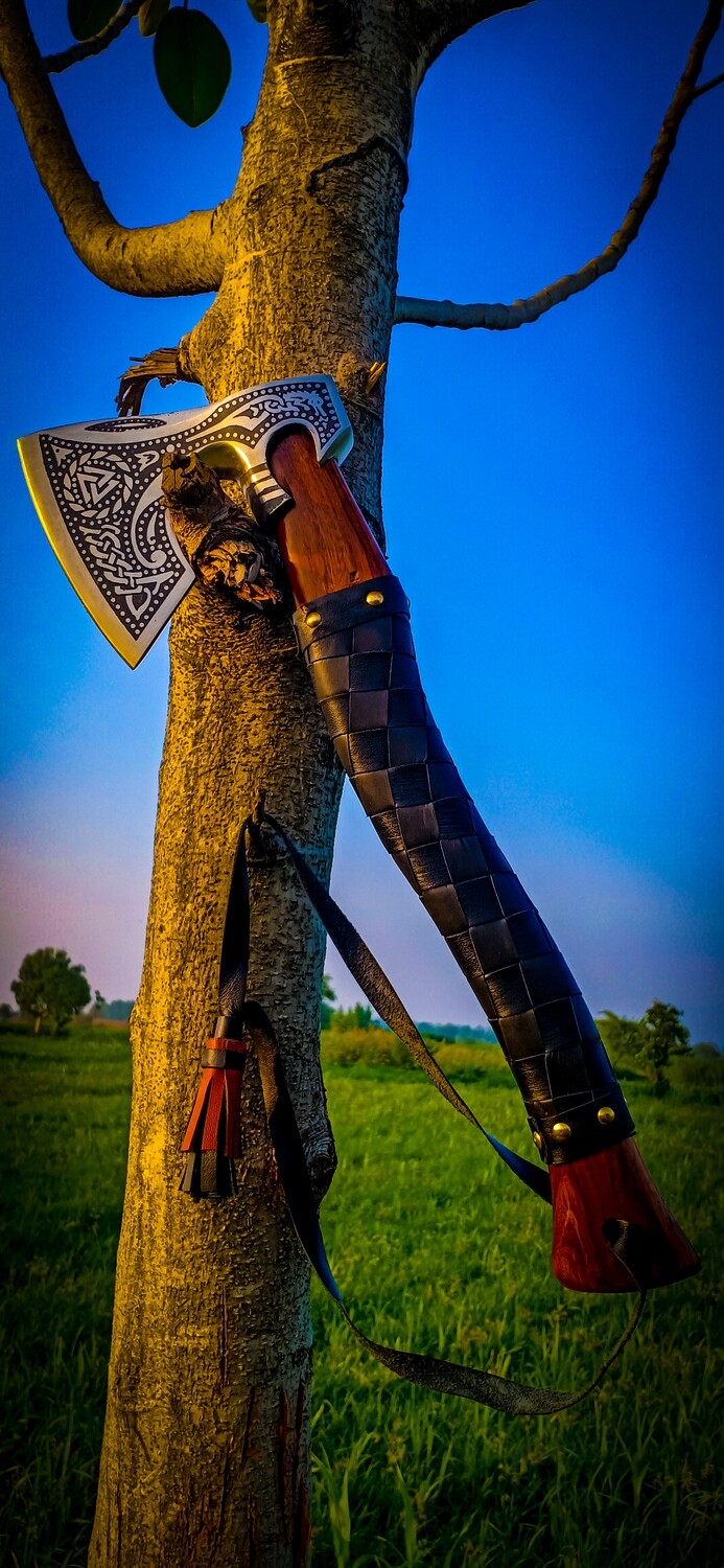 Viking Style Axe With Wooden Handle And Leather Strap
