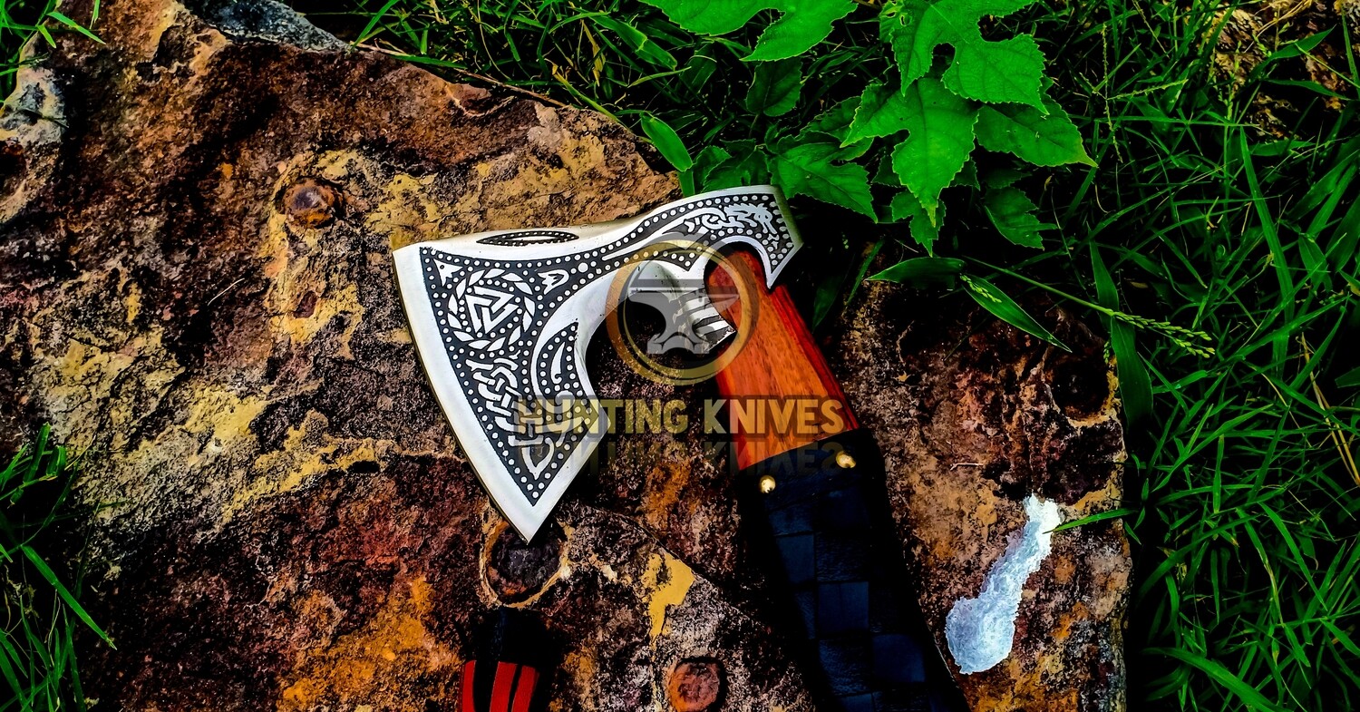Viking Style Axe With Wooden Handle And Leather Strap