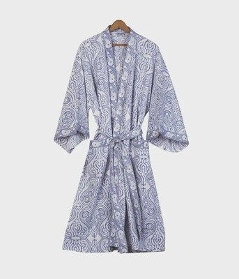 Paisley Cotton Robe - Blue and White