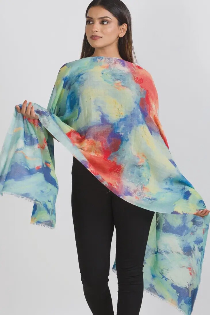 Reena Sky Blue &amp; Coral Wool Shawl 92.15