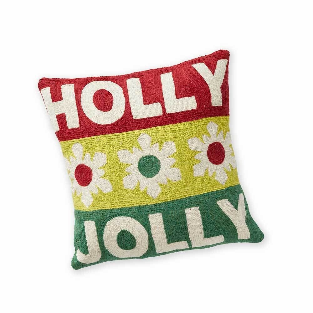 Holly Jolly Snowflake Crewelwork Pillow
