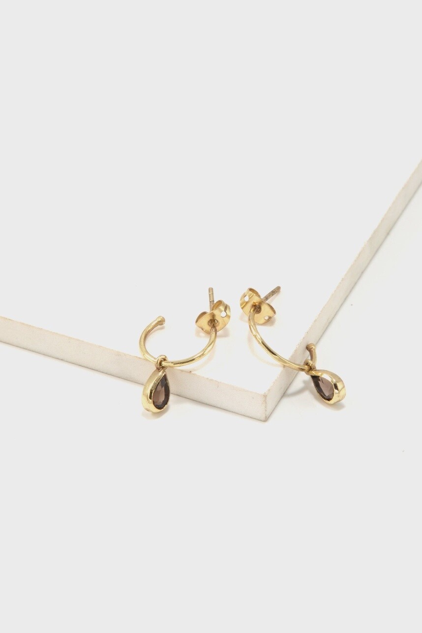 Luxe Brass Pendant Hoops - Smokey Quartz