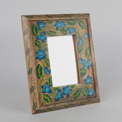 Khush Handpainted Mango Wood Mirror 8x10- Natural Blue