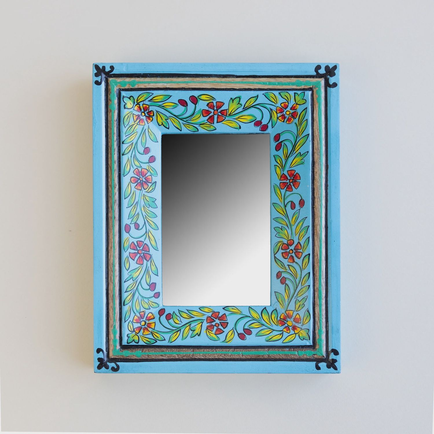 Khush Handpainted Mango Wood Mirror - Blue Floral 9x7
