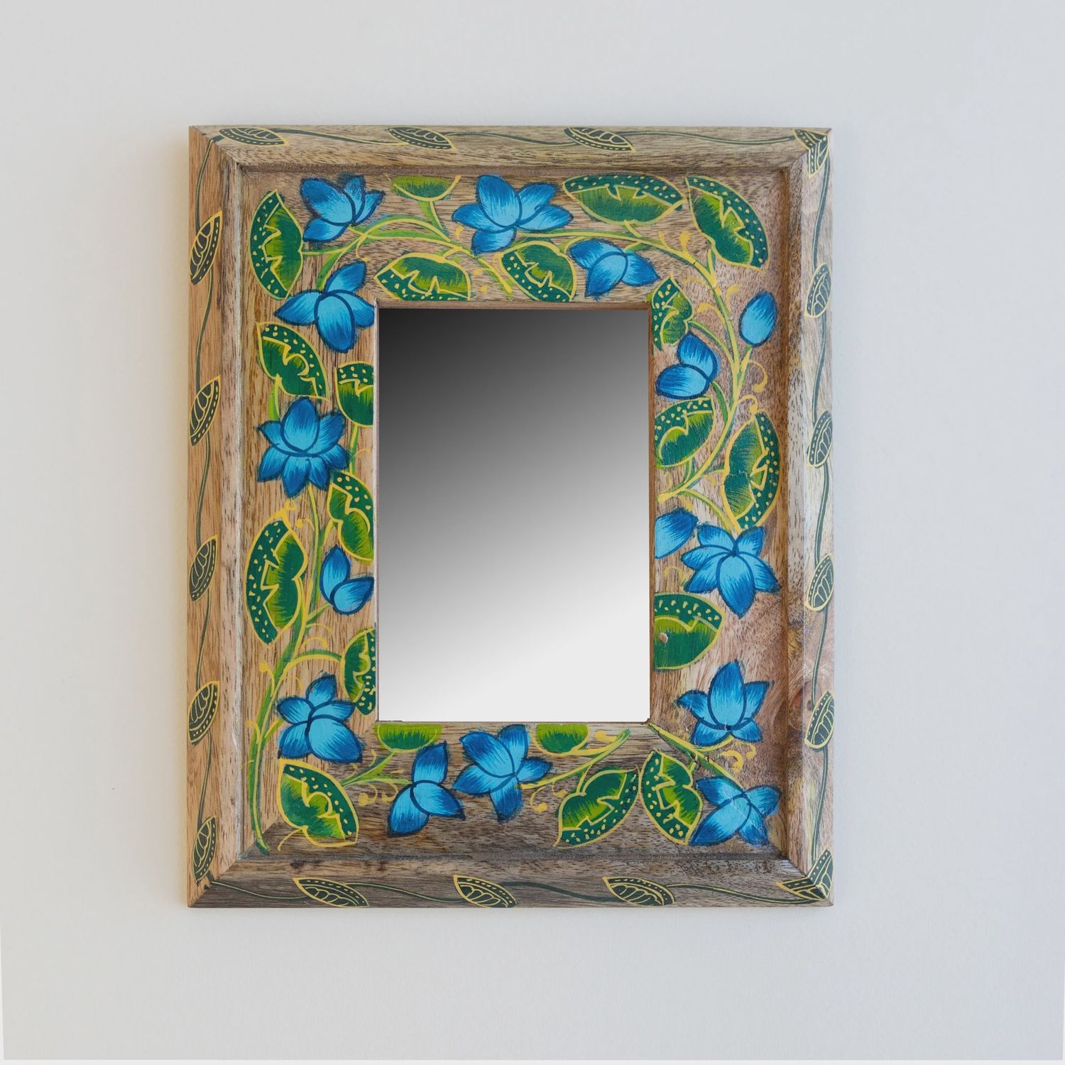 Khush Handpainted Mango Wood Mirror 8x10- Natural Blue