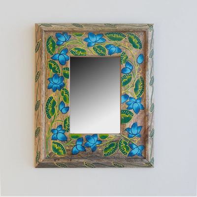 Khush Handpainted Mango Wood Mirror 8x10- Natural Blue