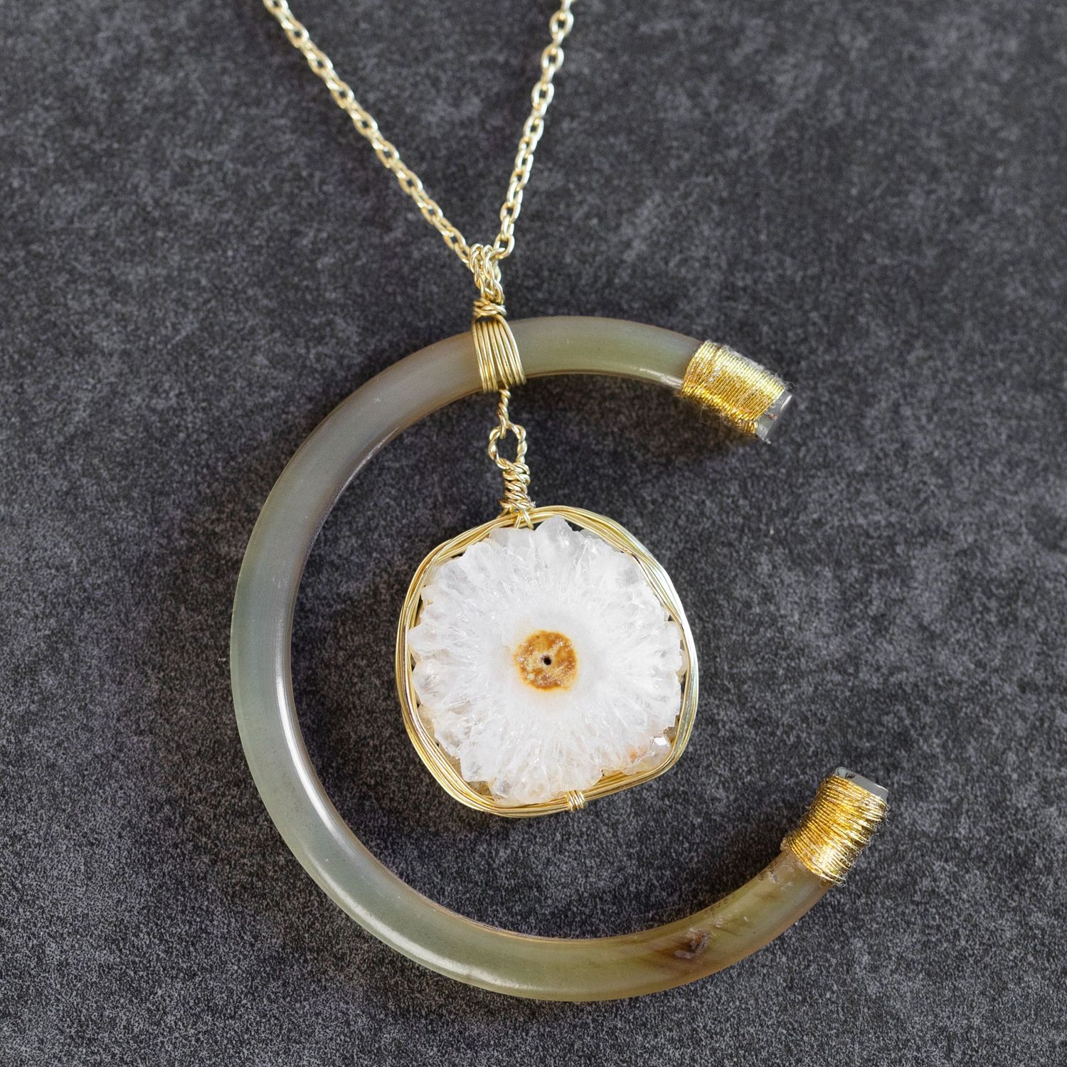 Celestial Reclaimed Horn &amp; Geode Pendant Necklace
