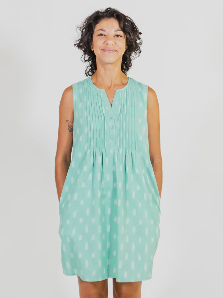 Pintucked Away Dress Ikat Aqua