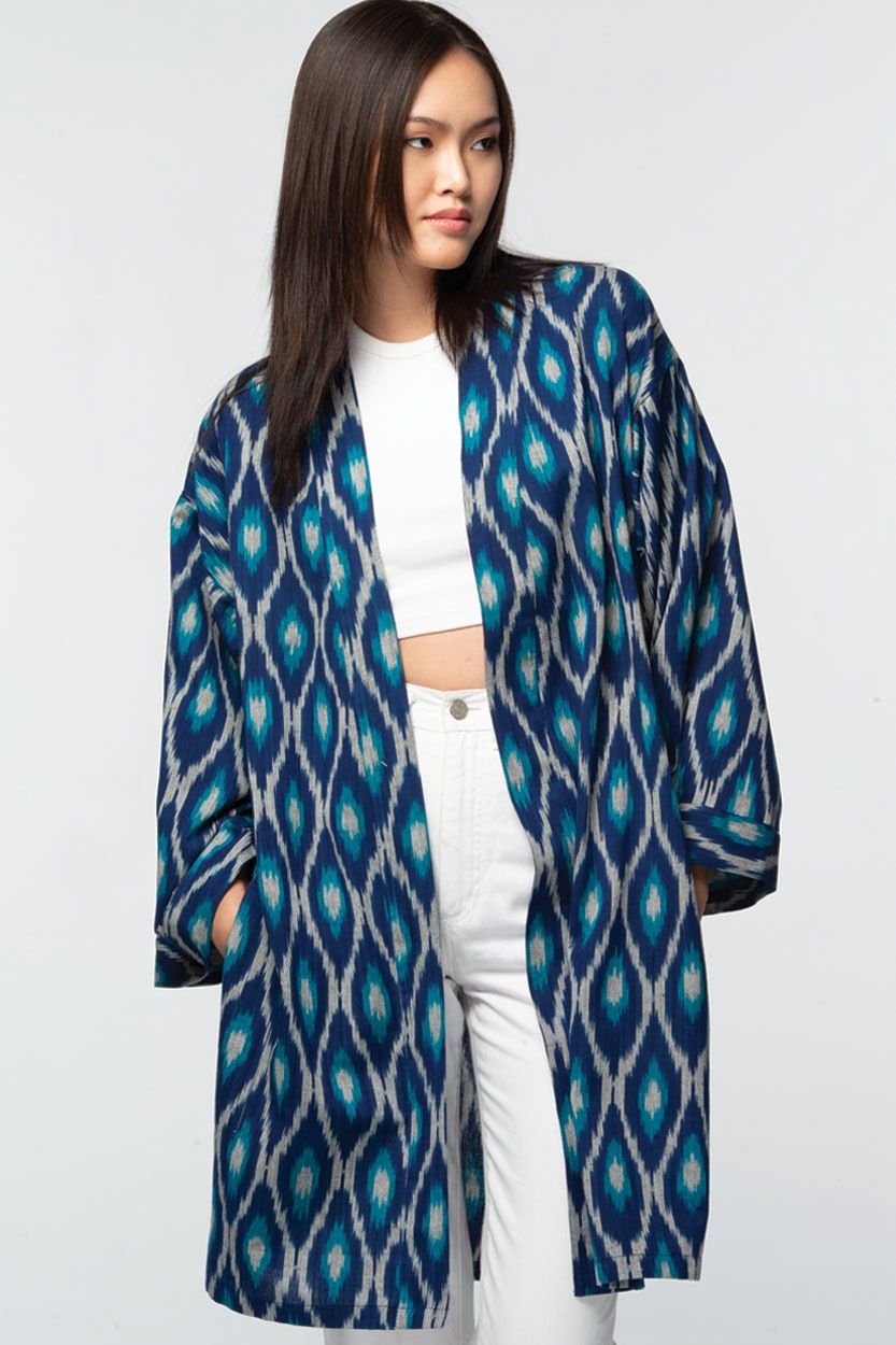 Ikat Handloom Kimono Navy &amp; Turquoise