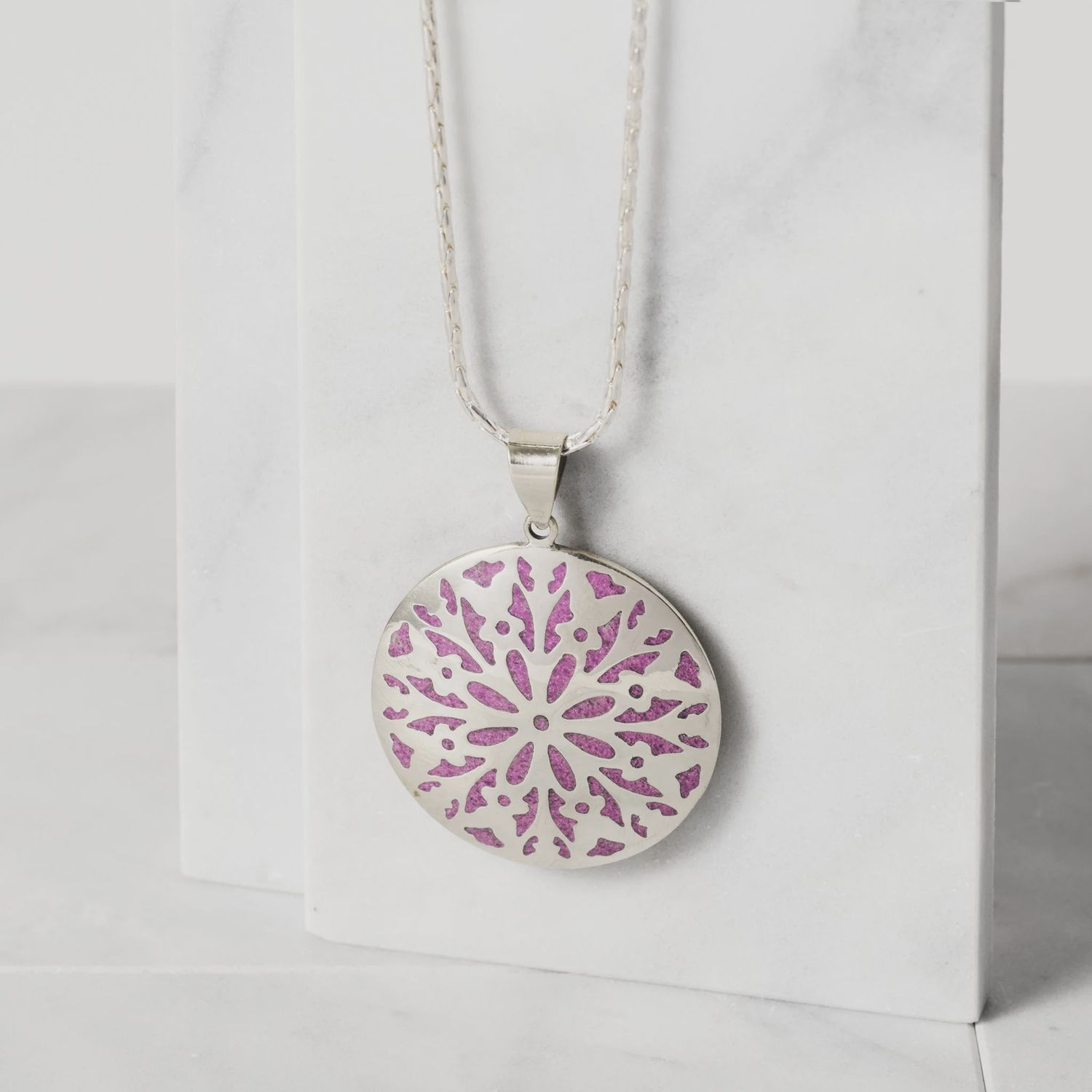 Etched Silver &amp; Purple Medallion Pendant