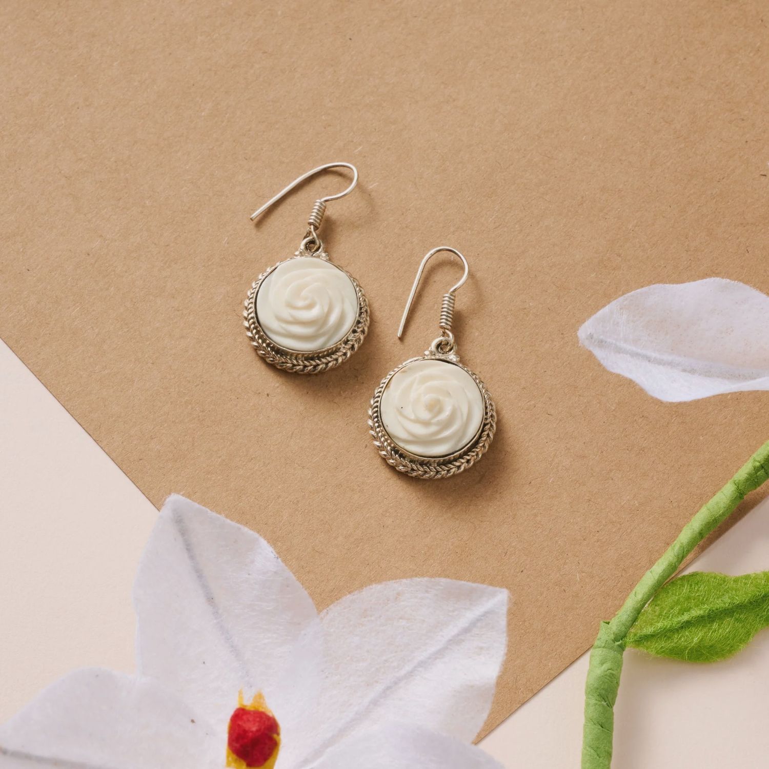 Bagaica Rose Carved Bone Earrings