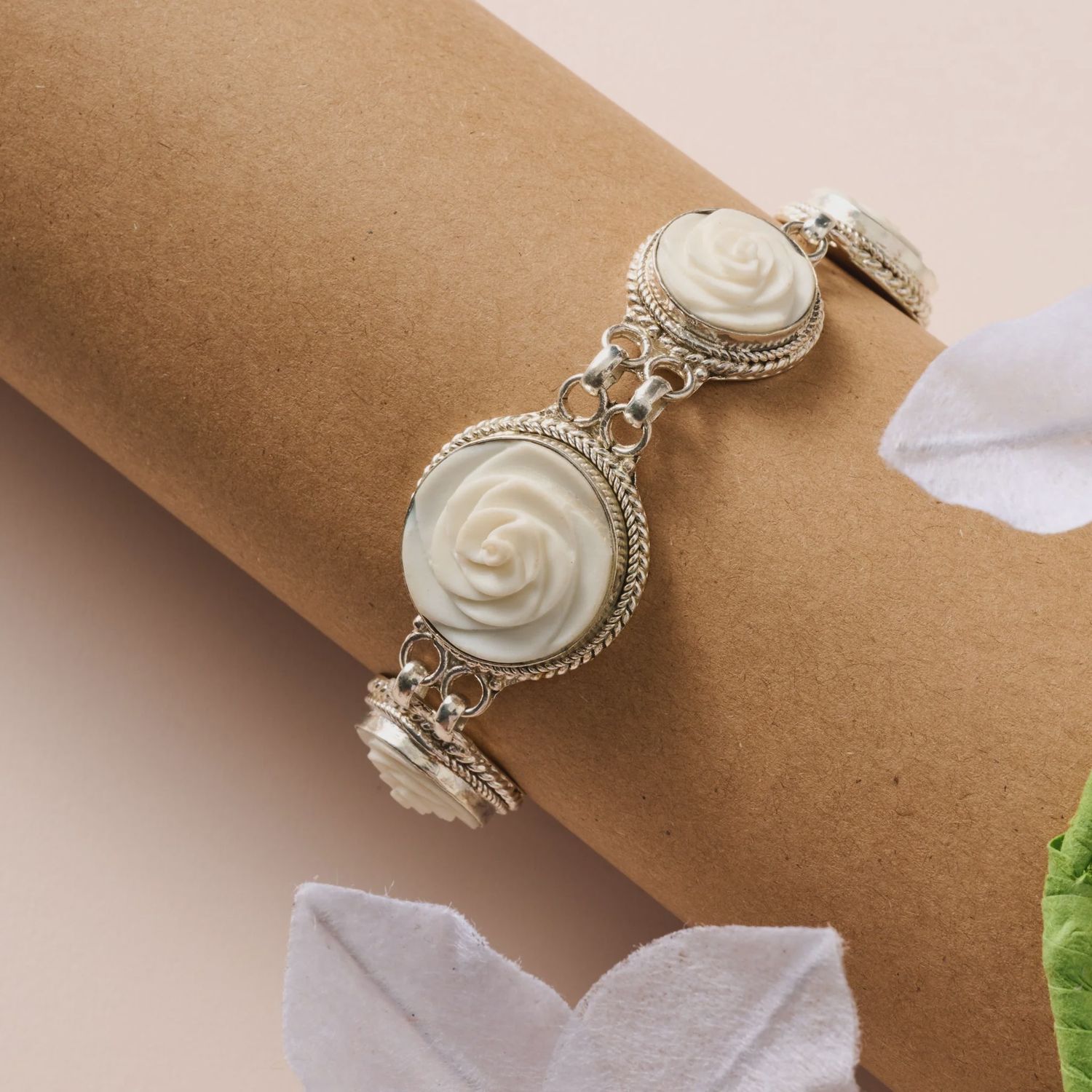 Bagaica Rose Carved Bone Bracelet