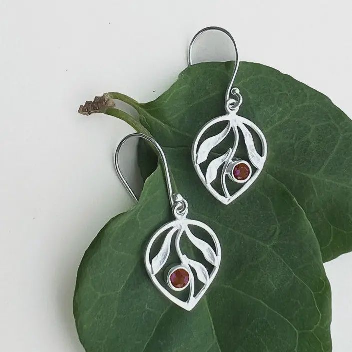Whispering Leaf Earrings - Garnet &amp; Sterling