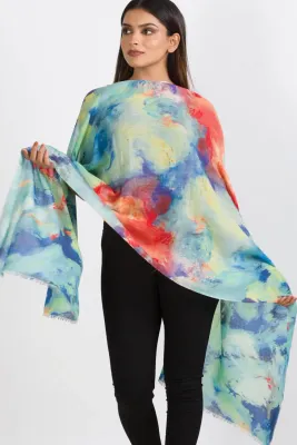 Reena Sky Blue &amp; Coral Wool Shawl 92.15